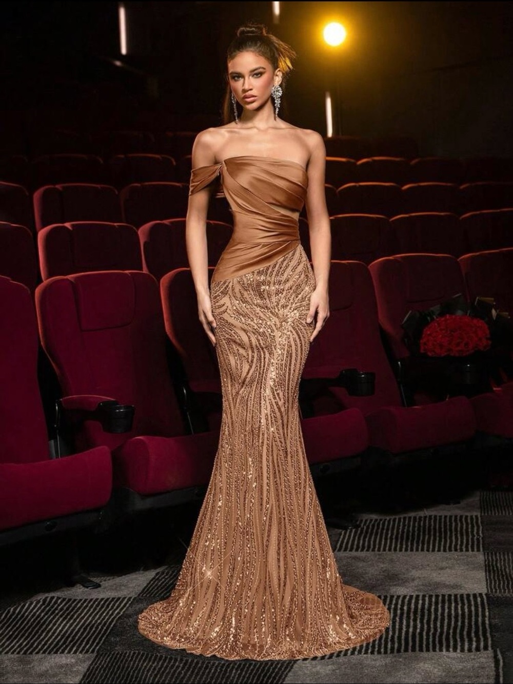 One-Shoulder Brown Sequin Evening Gown